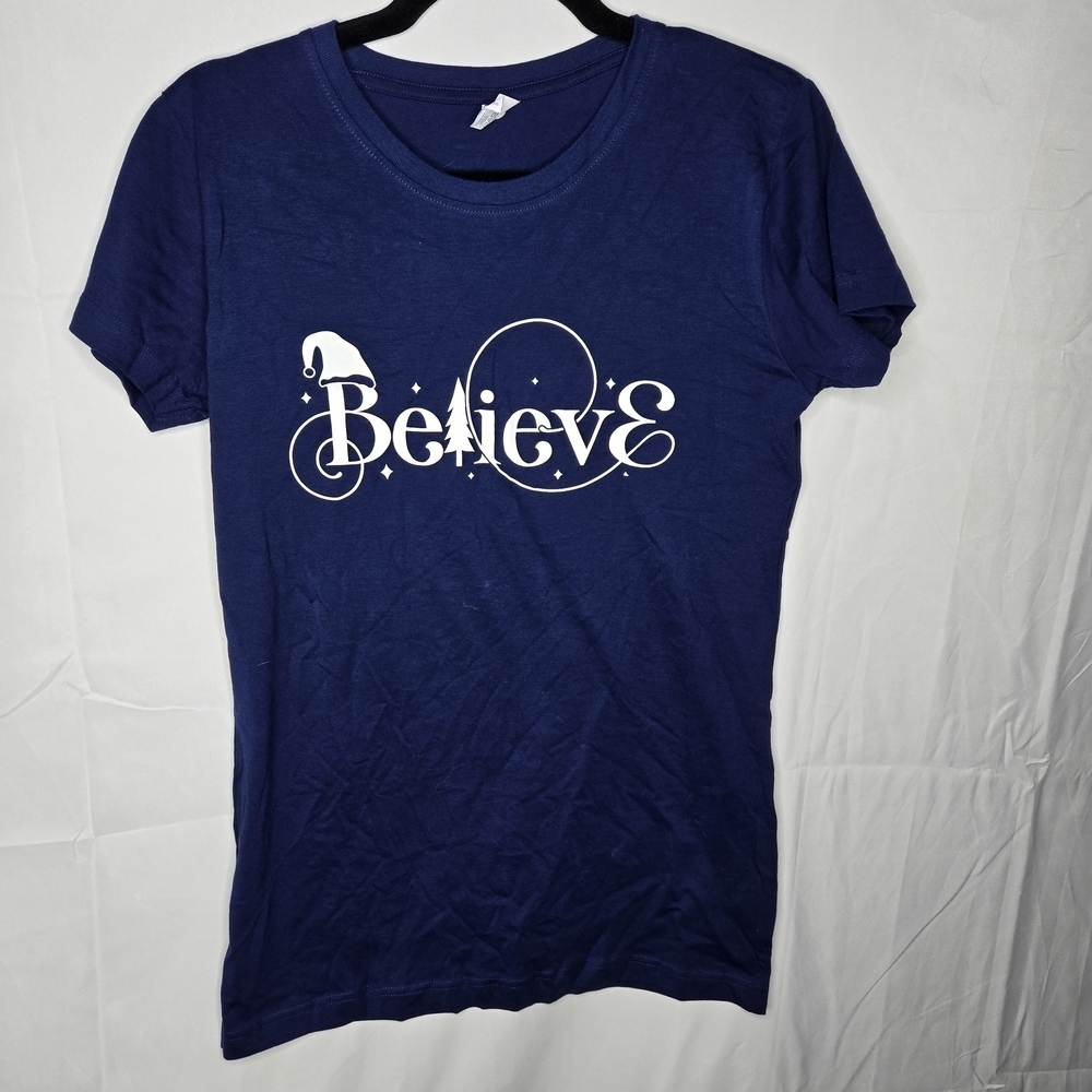 XL Believe Women's Navy Blue Christmas Holiday T-Shirt Santa Magic